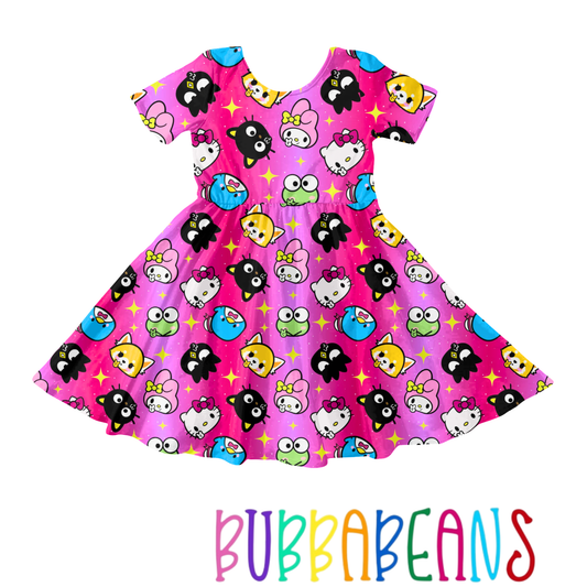 Hot pink kitty Short Sleeve Twirl Dress