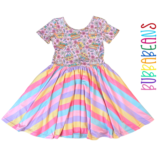 Rainbow Bunny Short Sleeve Twirl Dress